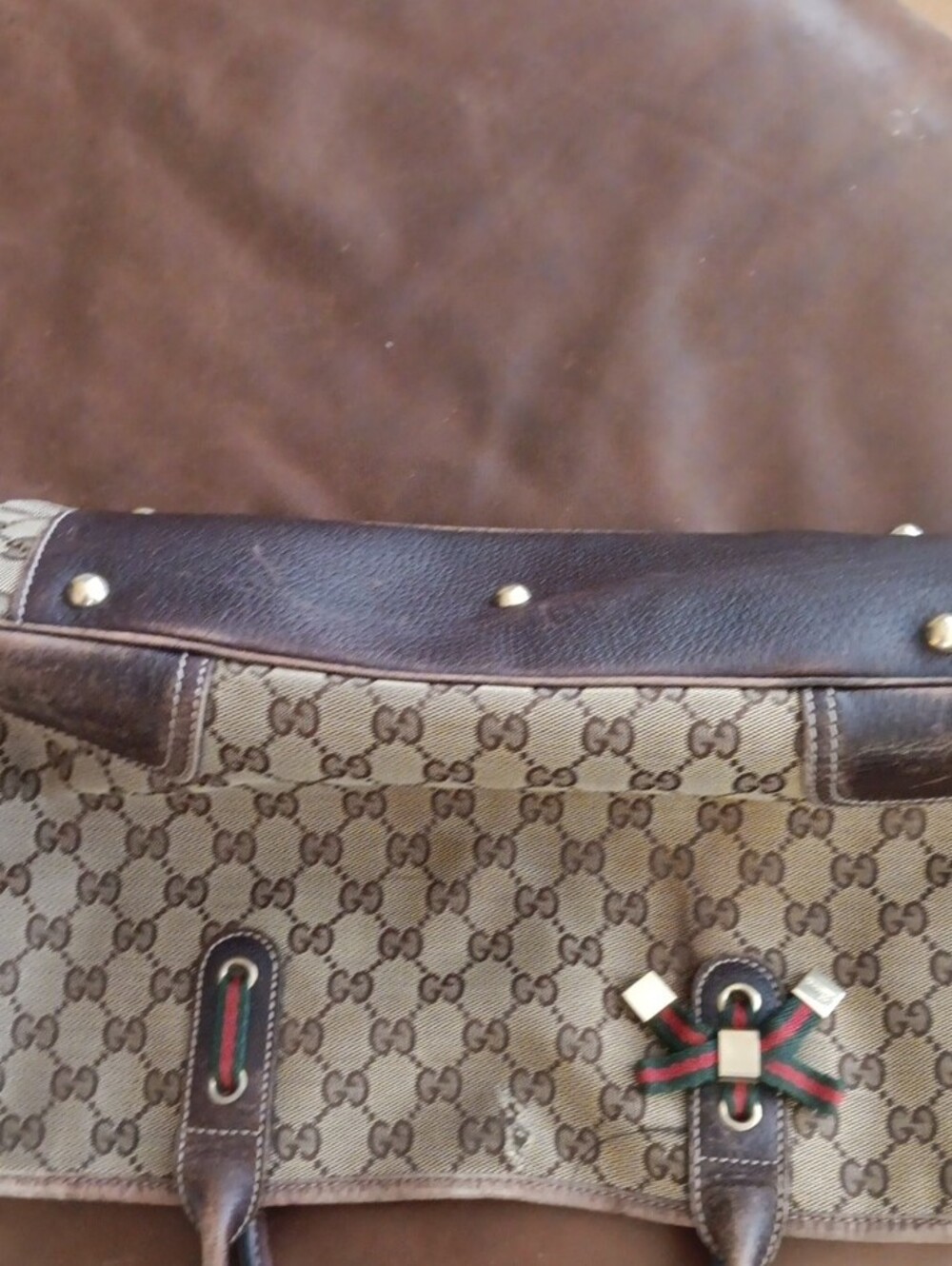 Gucci Beige GG Canvas Tote with Dark Brown Leather and Green-Red Web - Picture 4 of 15